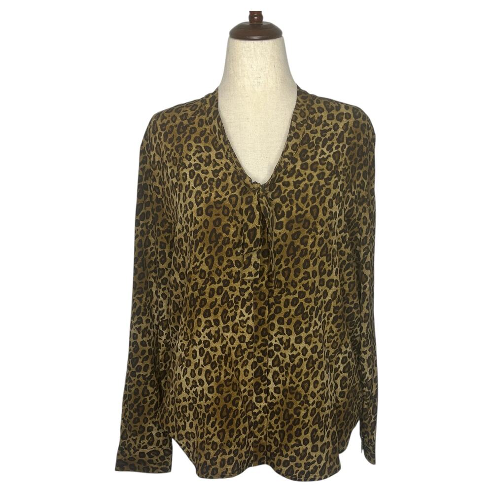 Garnet Hill Womens Blouse Top 16 XL Leopard Brown Long Sleeve 100% Silk Tie Neck